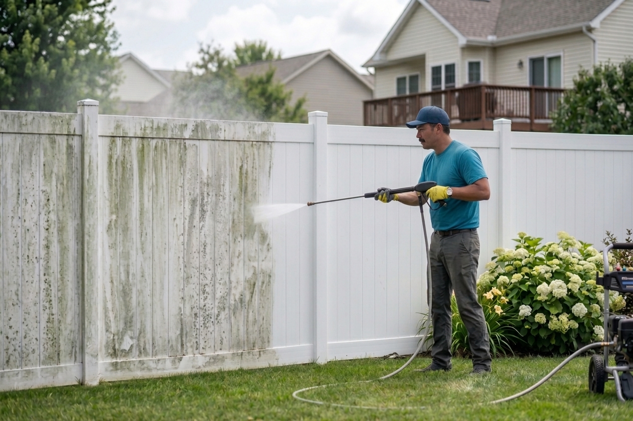 3 Amigos crew member pressure washing a mildew-stained wood fence
