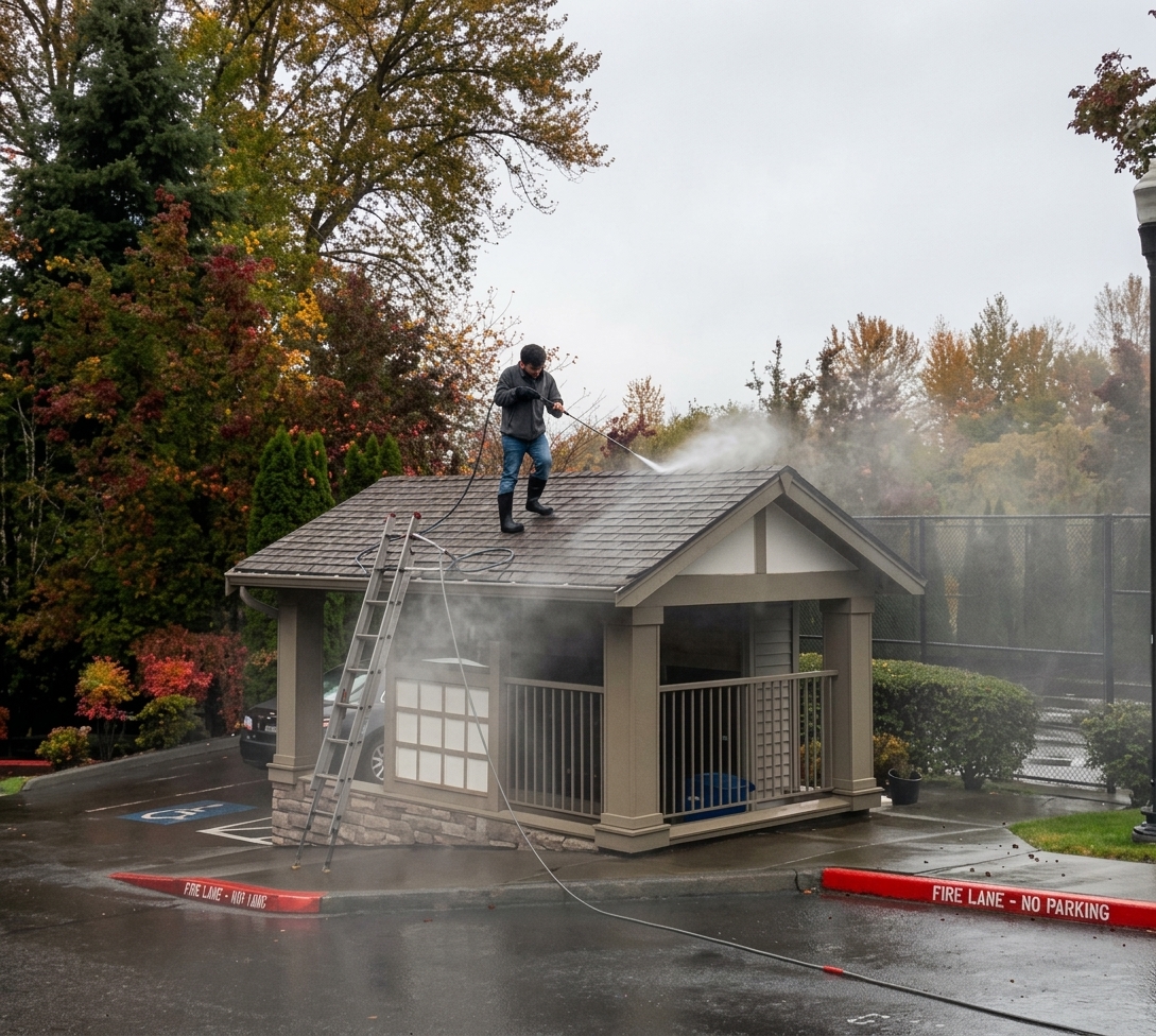 3 Amigos crew member low-pressure washing a roof
